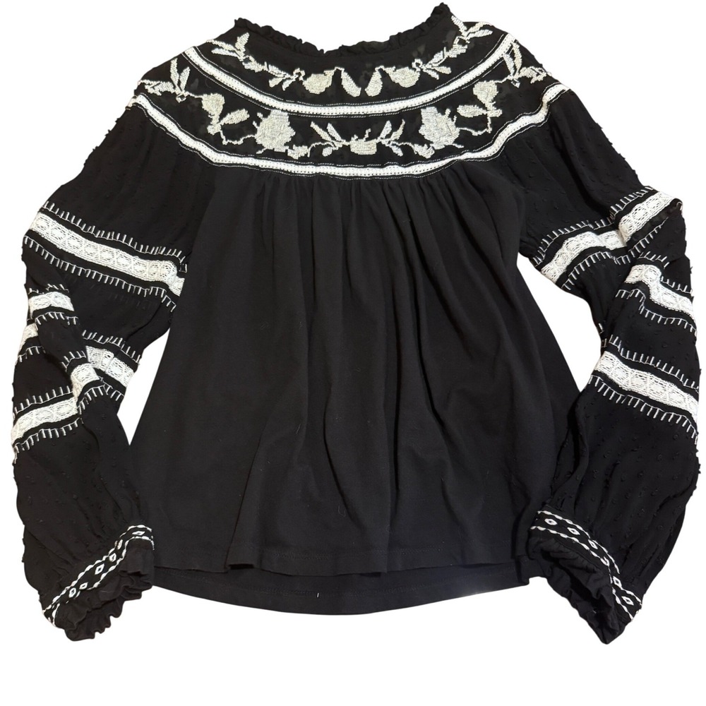 Maeve Anthropologie Black Embroidered Swiss‎ Dot Peasant Blouse Small Boho Top